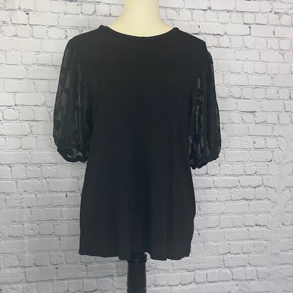 Misha Circle Puffed Balloon Sleeve Blouse Black Crew Neck Top Women's Size Large - Picture 1 of 7